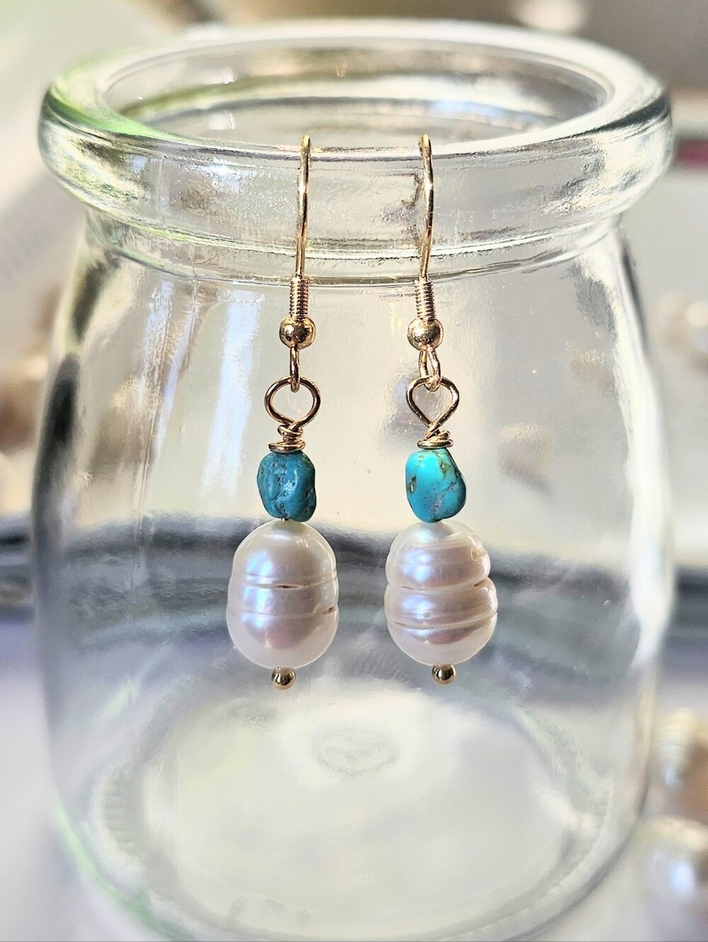 Freshwater Pearl and Real  Turquoise Drop Earrings -Boho Style